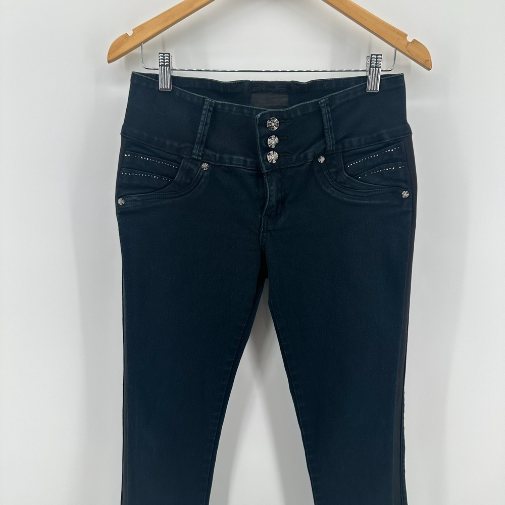 Tush Push Skinny Jeans Juniors 9 Black High-Rise Three-Button Rhinestone Detail